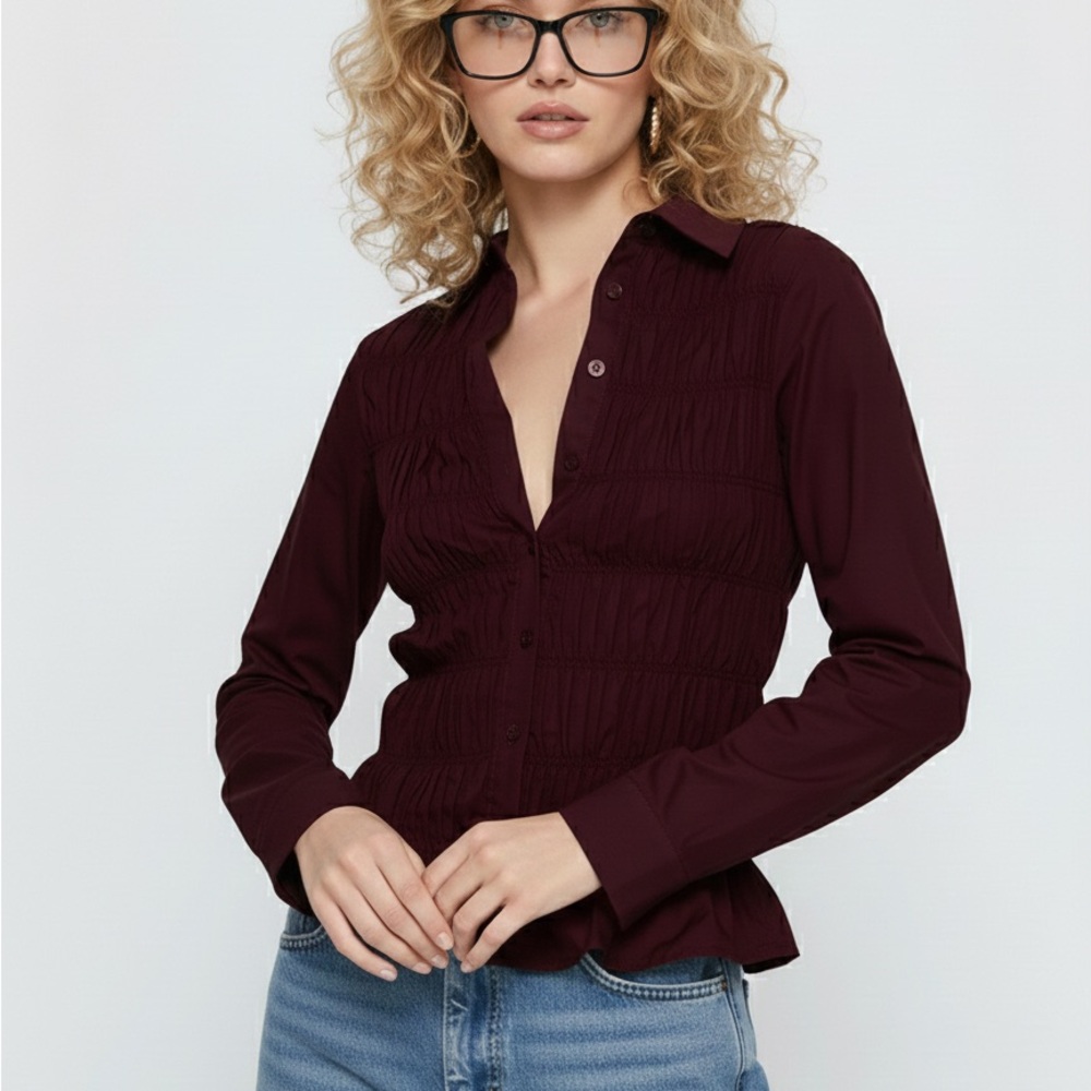Princess Polly Burgundy Button-Down Ruched Shirt